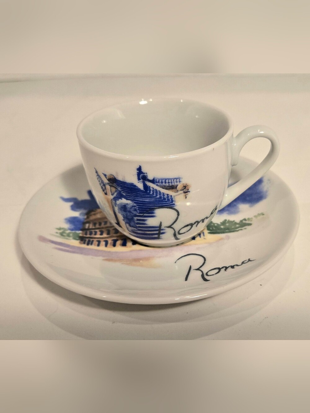 Vintage Porcelain "Roma" Watercolor Image Small Souvenir Coffee Cup/ Saucer Set